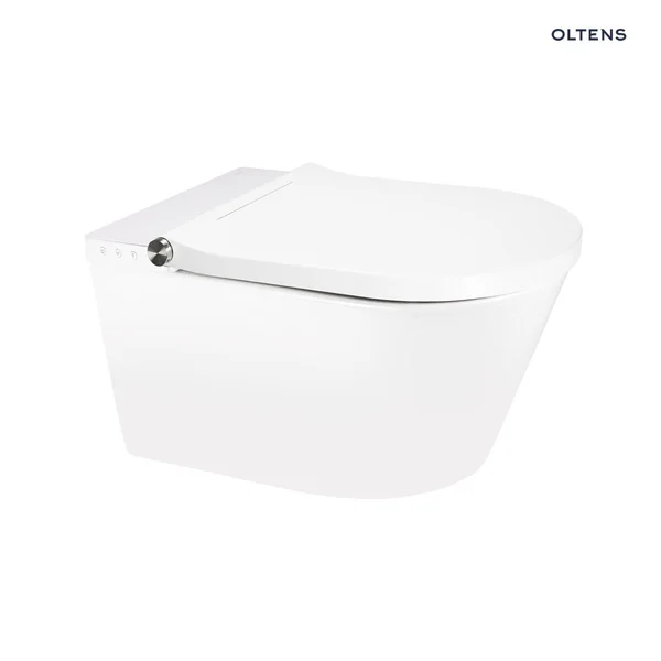 Toalety myjące: Miska WC wisząca myjąca Oltens SmartFrisk z deską, powłoka SmartClean, funkcje mycia i suszenia, biały 42038000
